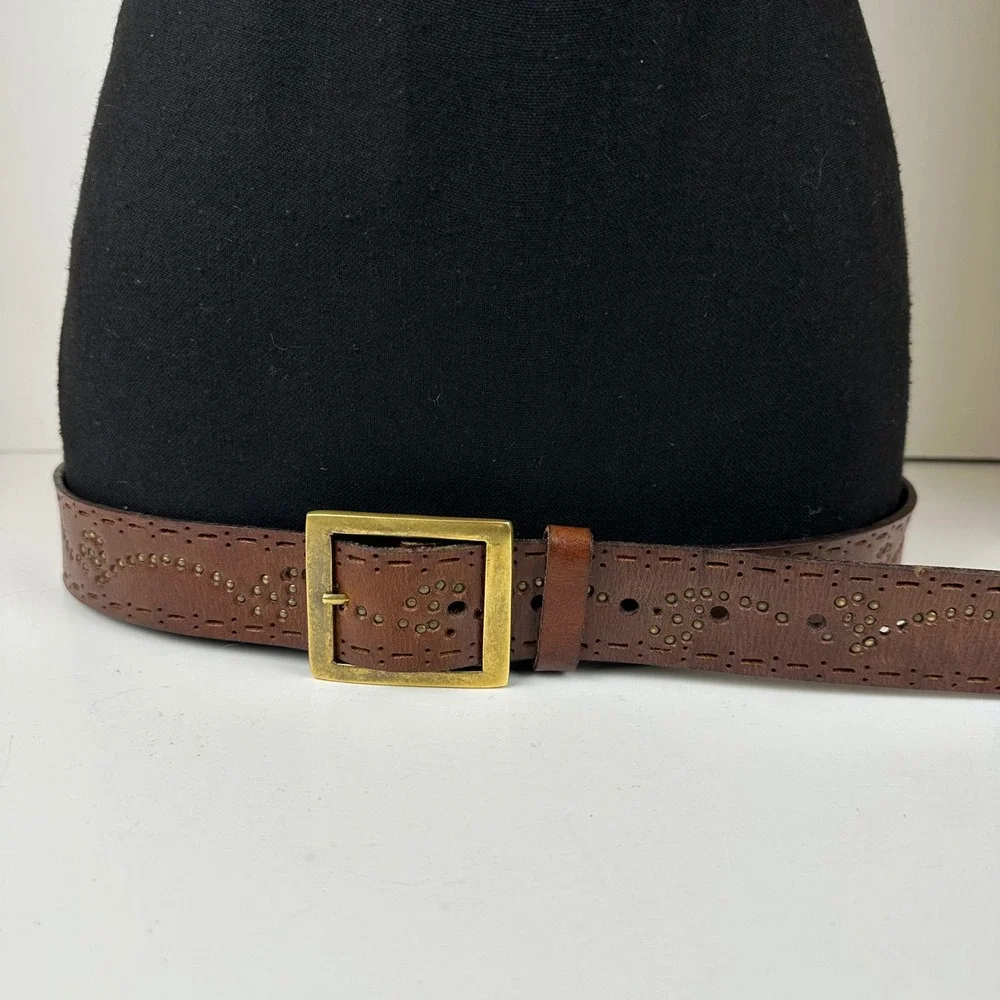 Brown Leather Perforated Studded Belt XL Brass Buckle Western Boho Casual
